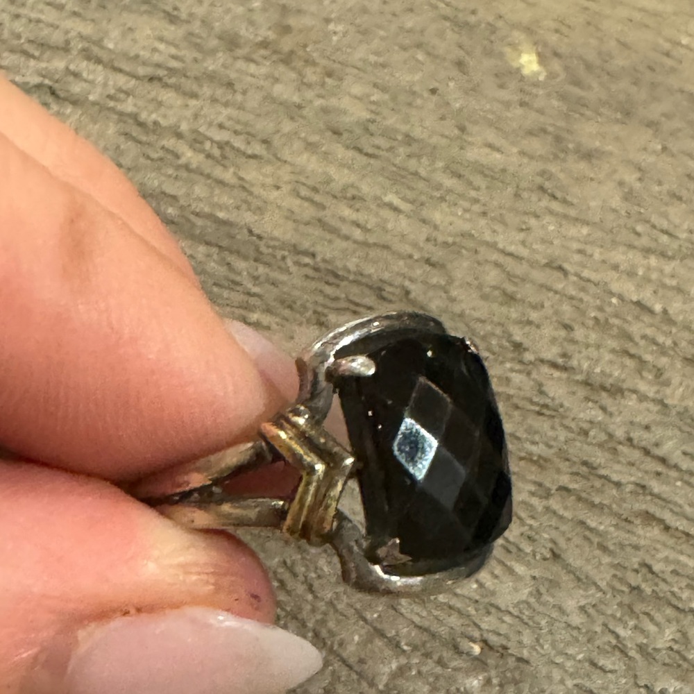 18K yellow gold and 925 Sterling silver faceted black onyx ring 6.3g Size 7